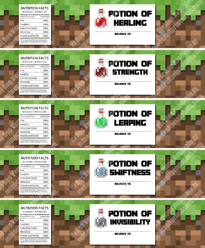 Free Printable Minecraft Potion Labels